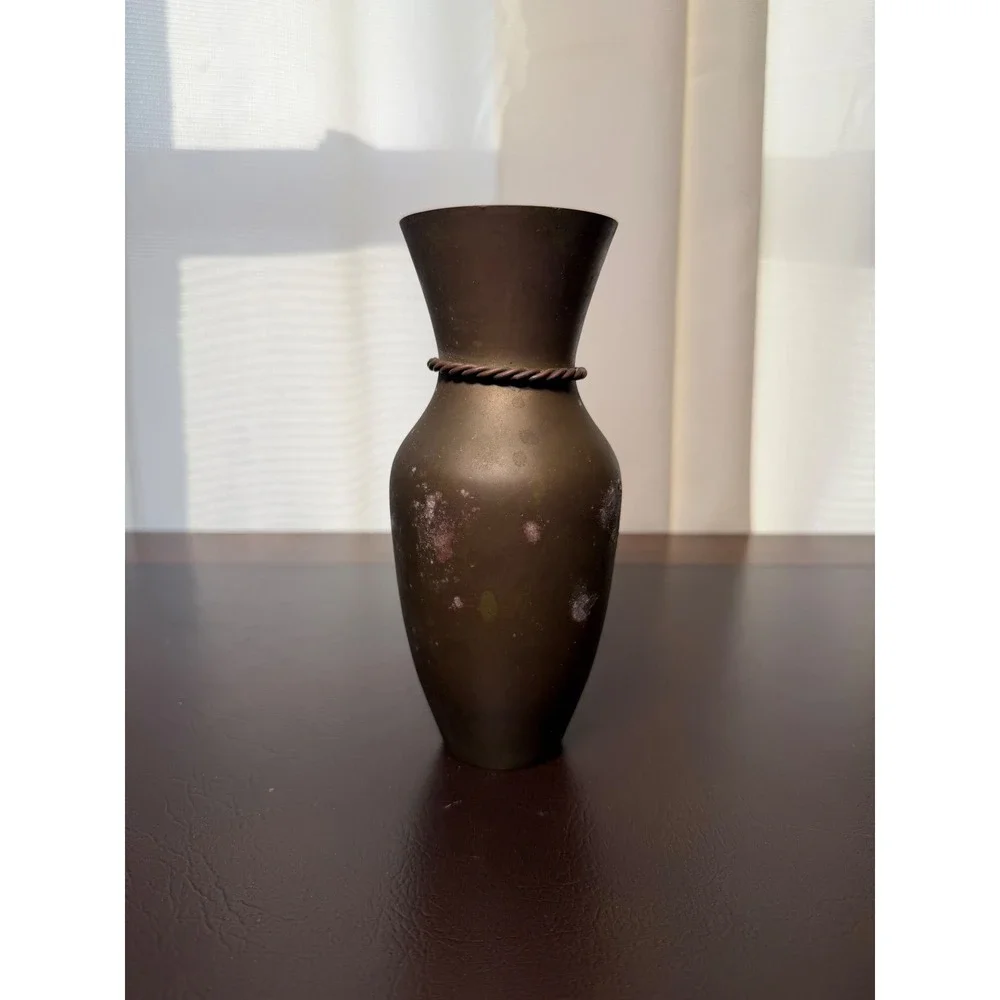 Vintage Brass Bud Vase Flared Rim Twisted Rope Accent Aged Patina 7 Inch